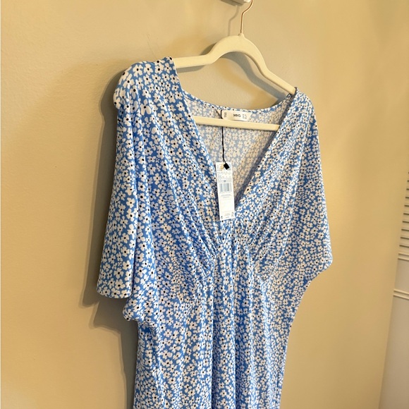 Mango MNG • NWT Blue & White Daisy XXL A Line V Neck Midi Dress Pleated Detail - Picture 8 of 11